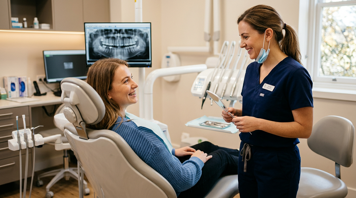 Dentist consulting with patient about clear aligner treatment in a modern dental office